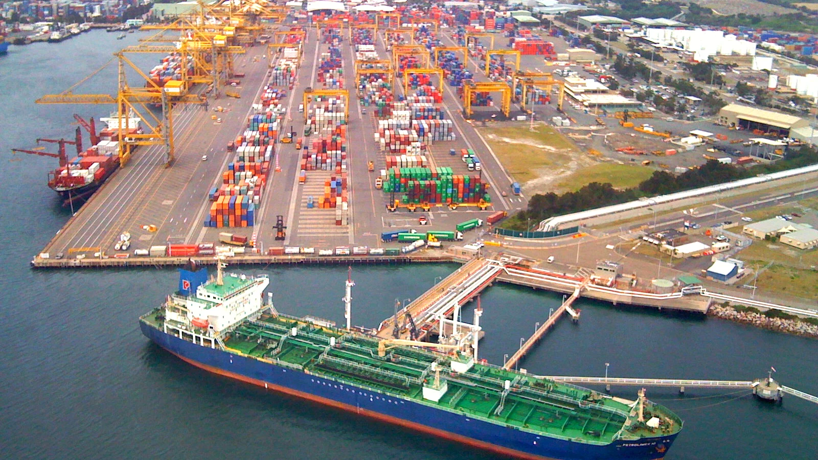 Aerial view of Port Botany container terminal in Sydney with ships at the quay