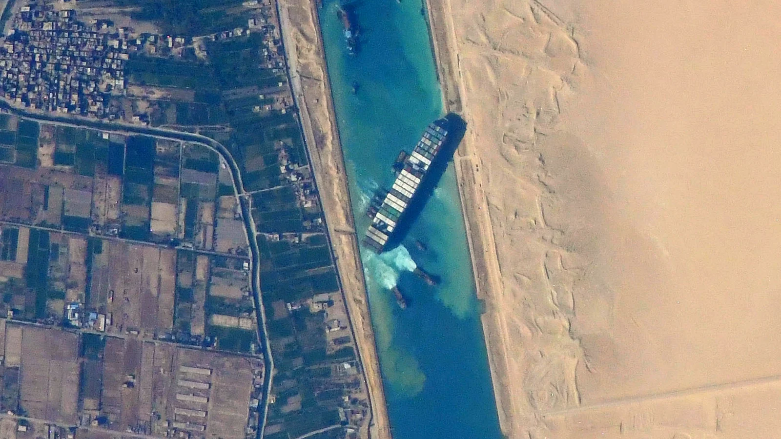 Ever Given aground in the Suez Canal, seen from the ISS