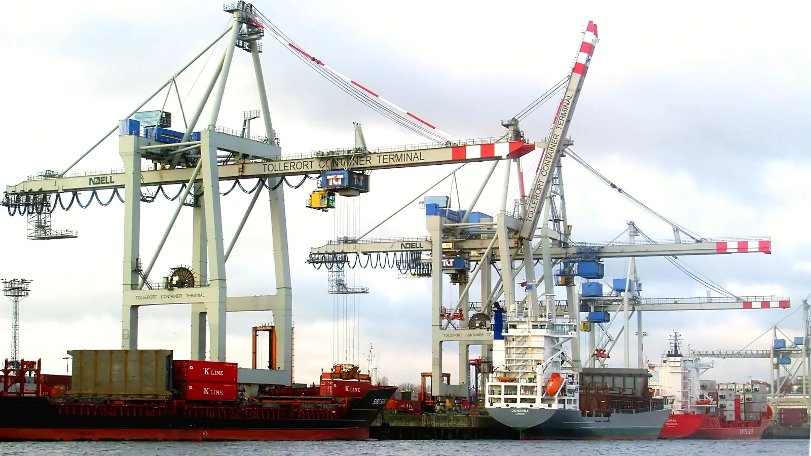 Container ships worked by gantry cranes at a Hamburg container terminal