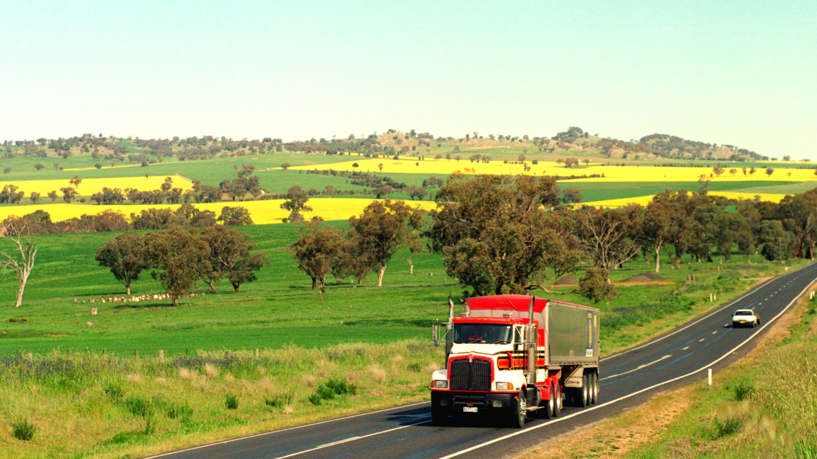 Red semi truck on a rural highway between green fields