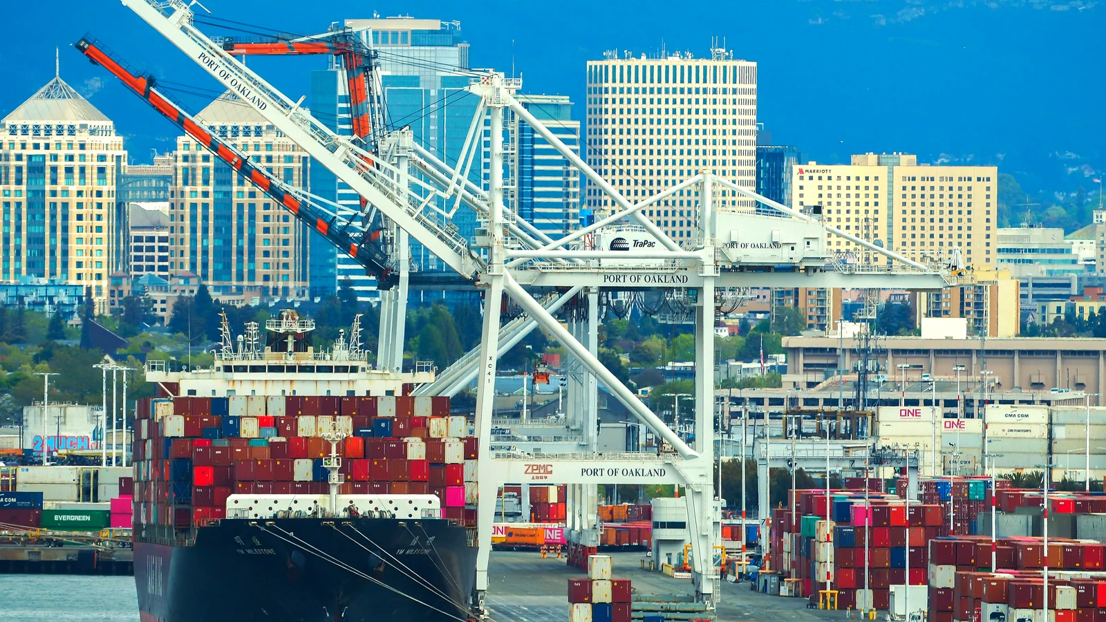 Container ship under cranes at Port of Oakland with stacked boxes and downtown skyline behind
